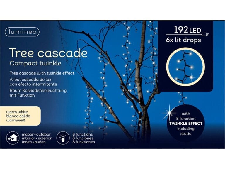 Lumineo Tree Cascade Twinkel Verlichting 6x Waterval 192 LEDs 2M Buiten Zwart Warm Wit 8 Functies