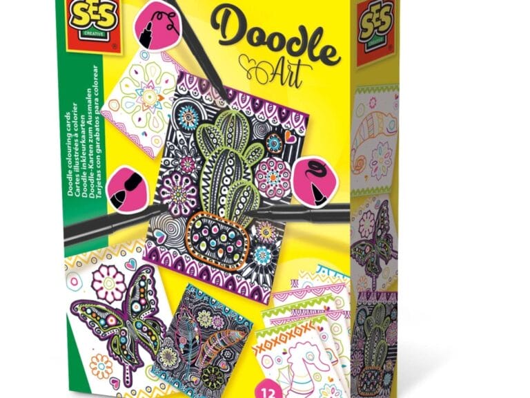 SES Creative Doodle Art Inkleur-Kaarten 12 Stuks + 3 Zwarte Stiften