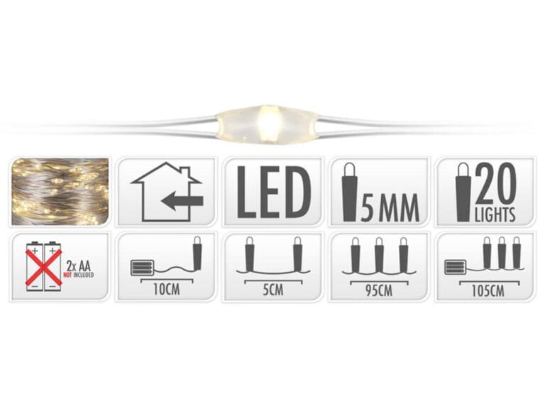 S.I.A. Zilverdraad Kerstverlichting op Batterij  95cm 20 LED Lampjes