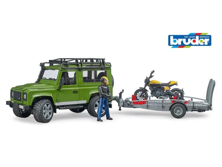 Bruder 02589 Landrover met Scrambler Ducati Full Motor en Figuur