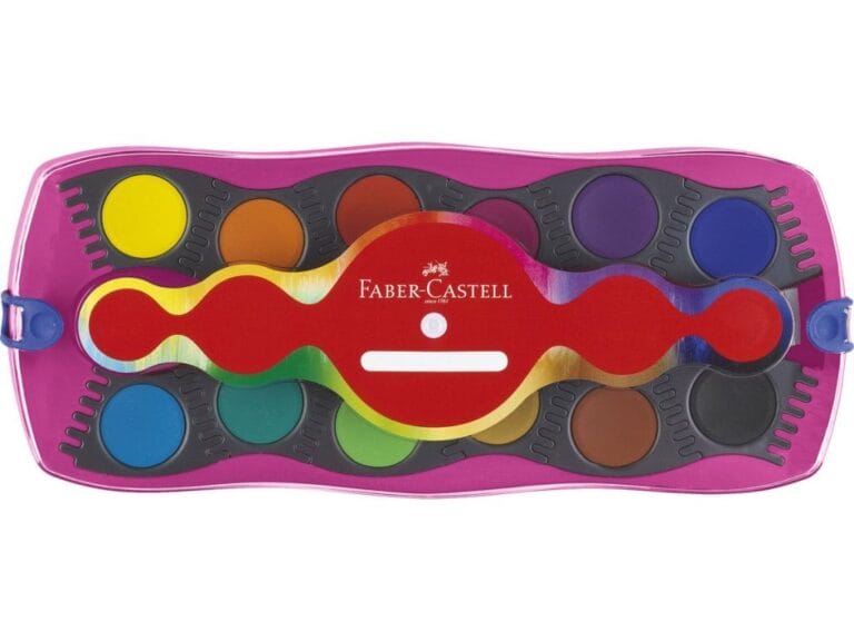 Faber Castell FC-125002 Connector Waterverfdoos 12 Kleuren + 1 Tube Regenboog Glitter en Unicorn Stickers