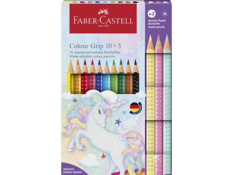 Faber Castell FC-201542 Colour Grip Kleurpotloden 10 Stuks + 3 Sparkle Pastel Kleurpotloden en Unicorn Stickers