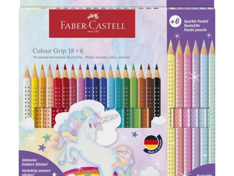 Faber Castell FC-201543 Colour Grip Kleurpotloden 18 Stuks + 6 Sparkle Pastel Kleurpotloden en Unicorn Stickers