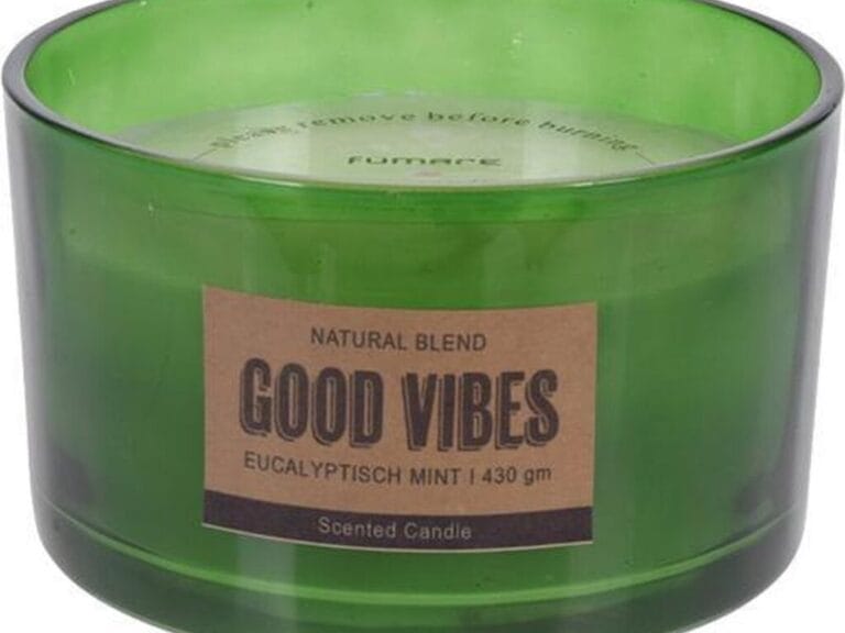 Geurkaars in glas eucalyptus mint met tekst Good Vibes